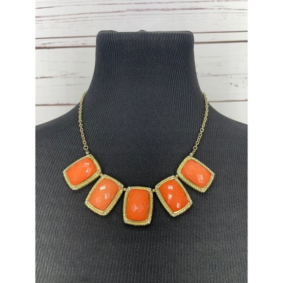 Vintage 80's‎ Fun Coral Peach Cleopatra Style Square Gem Bib Gold Tone Necklace - Picture 6 of 6